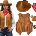 Women Cowgirl Costume Western Vest Hat Belt Set for Cowgirl Cowboy Halloween Cosplay (Medium, Brown)