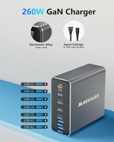 Aluminum Alloy 260W USB C Charger GaN Fast USB C Charging Station 7 Ports 65W Laptop Charger for MacBook Pro/Air/iPad Pro/iPhone (Gray)