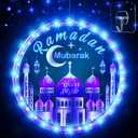 Capoda 9.45 Ramadan Window Lights Eid Mubarak Decorations Moon Start and End with Allah Wall Art Lights up Muslim Plaque for Door Home Eid Al Fitr Party Supplies, Blue