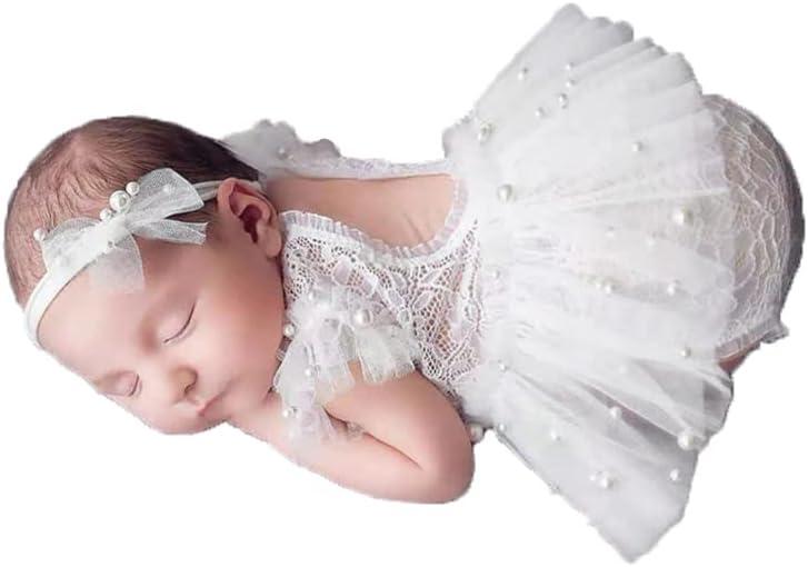 Newborn Photography Outfits Girl Baby Photo Tutu Dress Newborn Photoshoot Romper Baby Picture Lace Outfit (White)