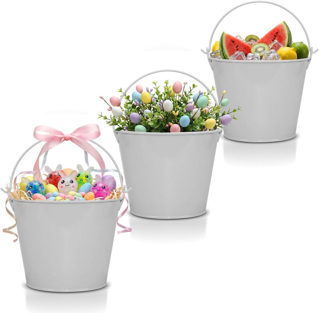 PLEXON Ice Bucket for Parties Coctail Bar Restaurant - Drink Beer Champagne Metal Pail Bucket with Handle, Beverage Chiller, 1.3 Gallon, Galvanized Steel, Gray, Set of 3