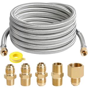 ATKKE 24FT High Pressure Propane Extension Hose with Conversion Couplings Kit, Steel Braided Propane Gas Line with Pipe Fitting 3/8" Flare for BBQ Grill, Heater, Fire Pit