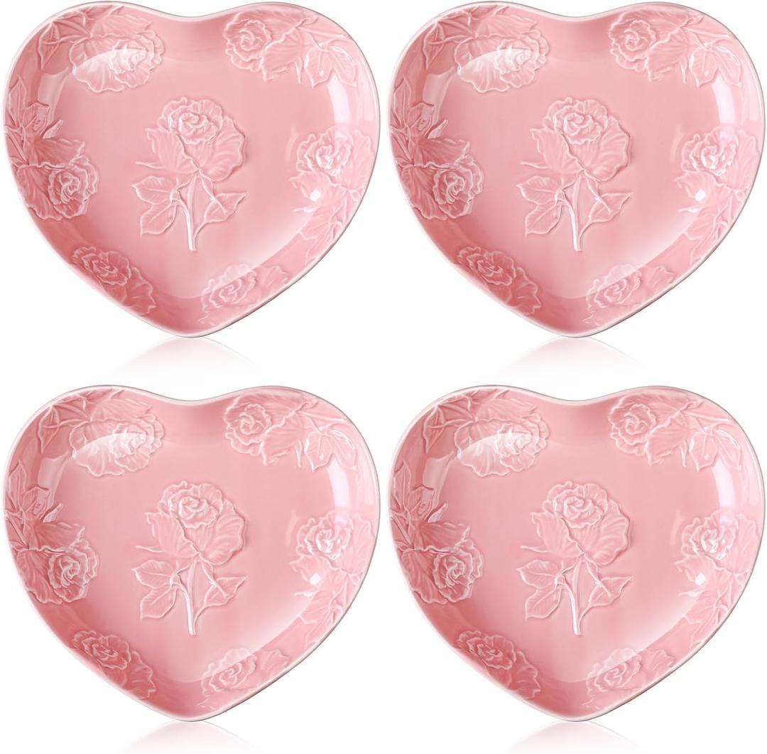 Tioncy 4 Pcs Valentine's Day Ceramic Heart Shaped Plates Galentine's Day 9 Inches Porcelain Heart Bowls Rose Dishes for Dessert Salad Appetizer Valentine Party Supplies(Pink)