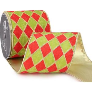 MAYREEL Red and Lime Green Crushed Velvet Wired Ribbon 4 Inch Extra Wide Christmas Ribbon with Gold Diamond Lattice Glitter, 10-Yard Roll for Christmas Tree, Wreaths, Bows & Elegant Holiday Dcor