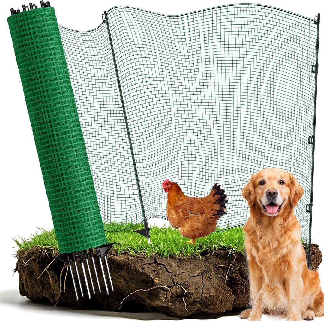 Temporary Fence with Posts, 3x50 Animal Barrier Dog Portable Fencing with Fiberglass Stake Windbreak Rope, Safety Snow Plastic Netting Roll for Garden, Chickens, Backyard Outdoor Protect