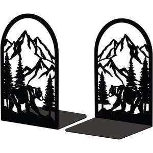 Peacoblue Metal Bookends for Shelves, Modern Decorative Heavy Duty Study Book Support Stoppers for Office, Desk, Shelf, Room 5.3"x4.3"x7.9" Cast Iron Bookends, 1 Pair (Mountain and Forest with Bear)