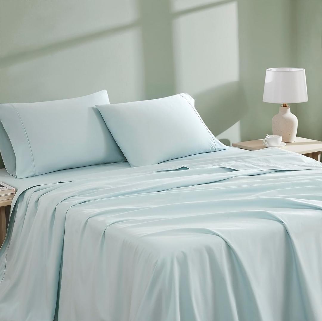 Linen Closet 4Pc 100% Organic Cotton Full Size Sheets Set, Aqua, 300 Thread Count, Percale Weave, Up To 18" Deep Pocket Fitted Sheet, Cooling & Breathable Bed Sheets Set, Juego De Sbanas Full