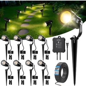 HIBOITEC All-in-One Low Voltage Landscape Lighting Kit, 5W LED Landscape Lights with Transformer and 65FT Wire, Waterproof Outdoor Spot Lights for Pathway Yard Garden, 2700K, 8 Packs (Warm White)