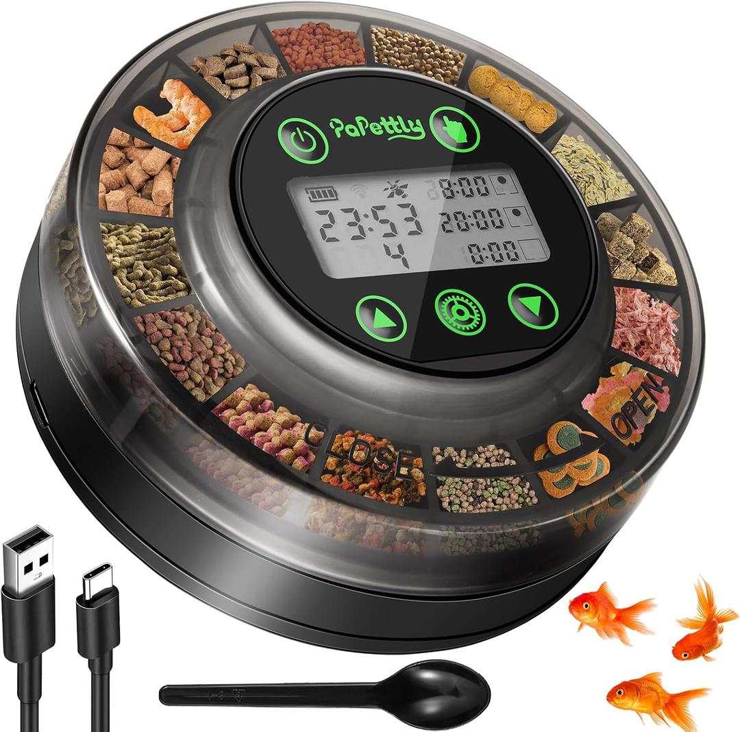Papettly Automatic Fish Feeder for Aquarium - Auto Fish Food Dispenser for Fish Turtle Tank with USB Cable & LCD Display, Timer Fish Feeder for Vacation Weekend Holiday, with Fish Feeder Spoon