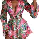Women's Sexy Summer Tropical Mini Dress Y2K Deep V Cut Out Dresses Long Bell Sleeve Vacation Tie Front Sundress, XL