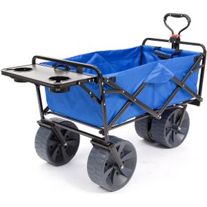 MacSports All Terrain Beach Wagon with Side Table|Heavy Duty Collapsible Folding Cart with Large Wheels for Beach Day, Picnic, Camping,Outdoor Activities | Blue/Black