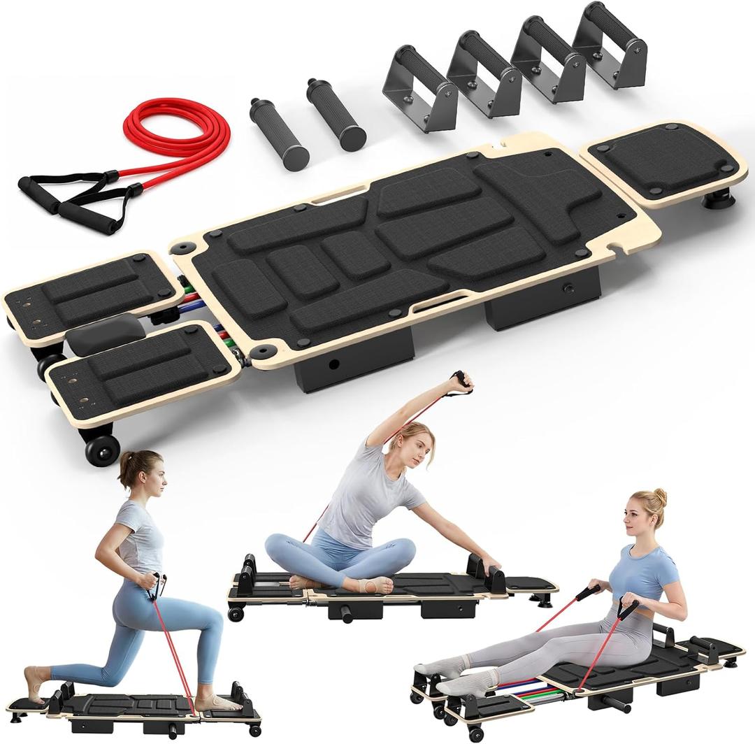 Pilates Board Reformer for Home Workout, 5-in-1 Pilates Equipment with Dual & Split Foot Pads, Smooth Sliding Rail System, Adjustable Headrest for Heights 3'7"–6'3", Core & Full-Body Training