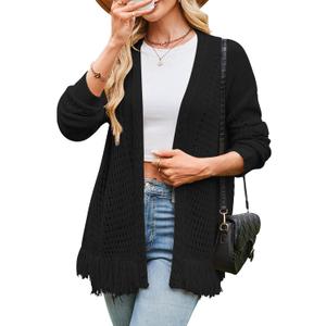 Cakulo Womens Crochet Fringe Cardigan Sweaters Oversized Lightweight Fall Open Front Cable Knit Cardigans 2025 (Black, M)