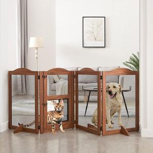 beeNbkks Freestanding Pet Gate with Cat Door, Dog Proof Cat Gate, Indoor Dog Gates for The House Doorways Stairs, Metal Mesh Wooden Small Animal Pet Barrier with Walk Through Door and Support Feet
