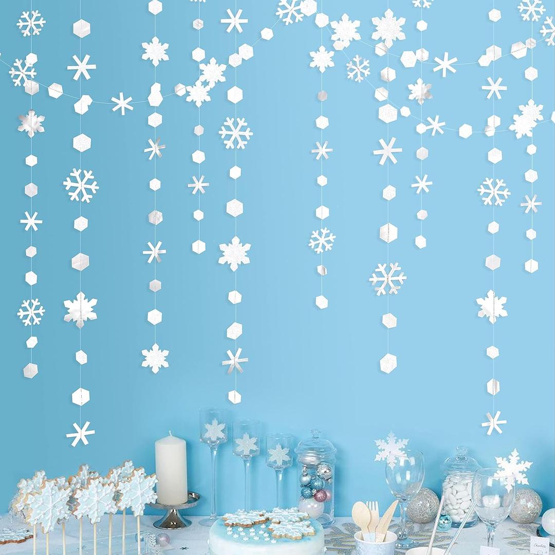 pinkblume 52Ft Winter Wonderland Party Decorations White Snowflake Garland Metallic Glitter Snowflakes Streamer for Winter Onderland Christmas Frozen Birthday Wedding Baby Bridal Shower Party Supplies