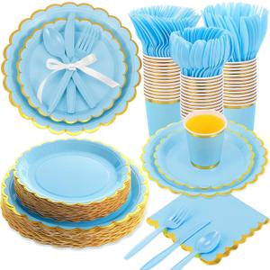 350 Pcs Light Blue and Gold Foil Plates and Napkins, 50 Guest Spring Party Supplies Include Gold Foil Scalloped Paper Plates Napkins Cups Plastic Spoons Forks Knives for Birthday Baby Shower