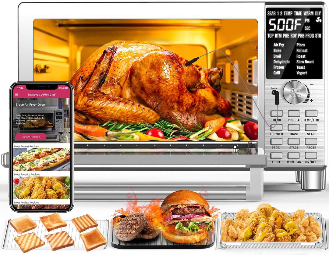 Nuwave Bravo XL Air Fryer Toaster Smart Oven, 12-in-1 Countertop Grill/Griddle Combo, 30-Qt XL Capacity, 50F-500F adjustable in precise 5F increments, Integrated Smart Thermometer, Linear T Technology