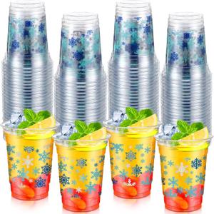 50 Pcs Winter Cups 12 oz Snowflake Plastic Glasses Disposable Blue Snowflake Clear Cups for Cold Beer Beverage Ice Cream Snacks Winter Party Supplies Decoration