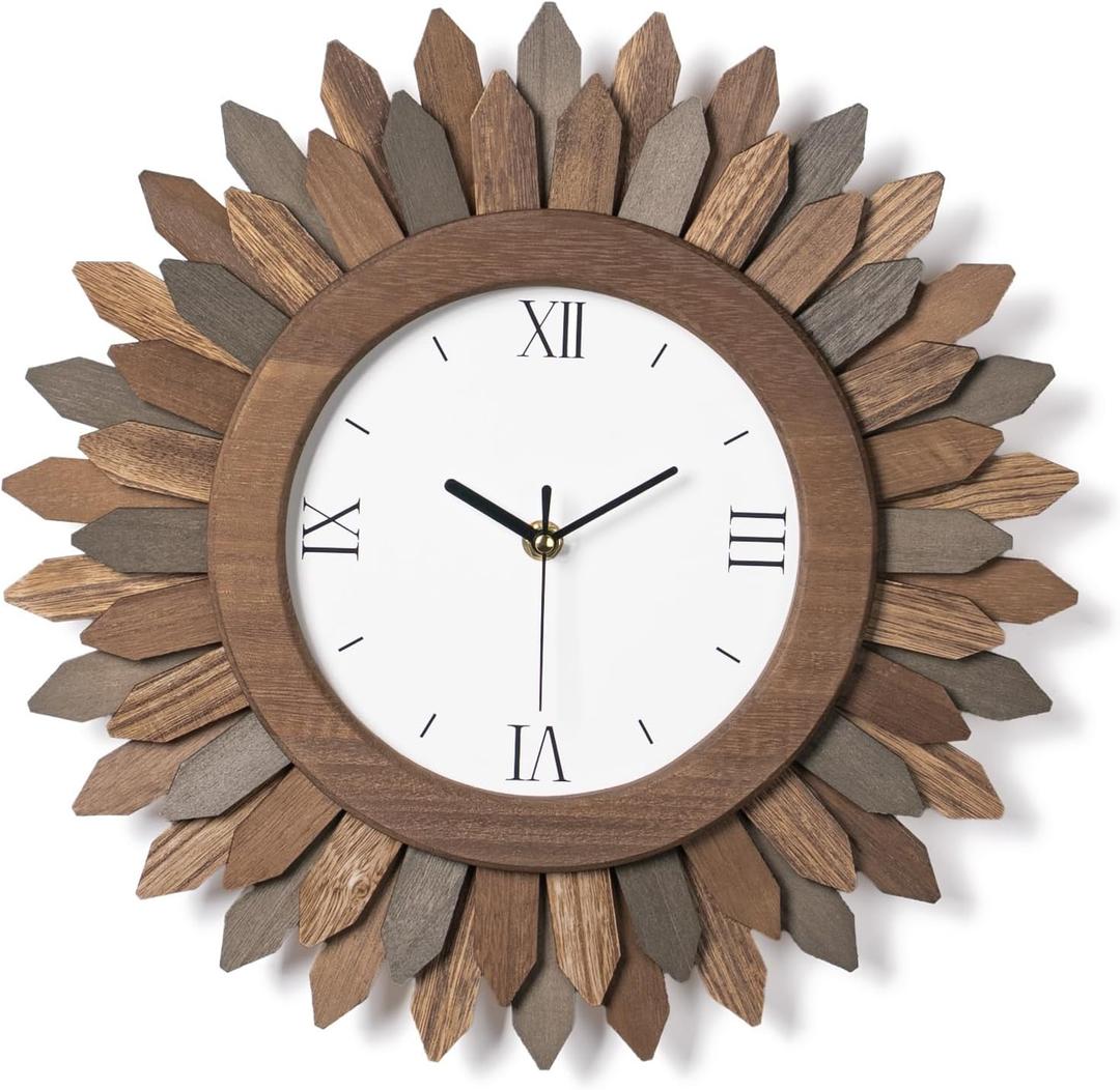 Honiway 14 Inch Wall Clocks Battery Operated Silent Non Ticking Rustic Wood Boho Sunburst Decorative Wall Clock for Living Room Kitchen Bedroom Farmhouse Office Decor (Tricolor-Roman Numerals)