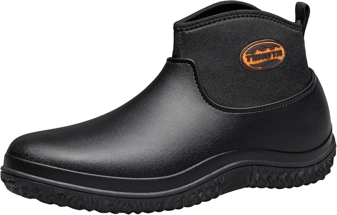 TENGTA Unisex Waterproof Garden Shoes Mens Lightweight Slip-On Rain Mud Boots for Women Lawn Mowing Booties (10.5 Women/9.5 Men, Black)