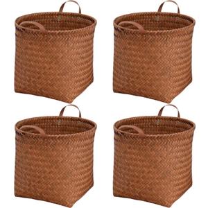 GIB Wicker Storage Baskets for Shelves, 11"x12" Round Woven Storage Cube Bins Organizer, Faux Rattan Wicker Blanket Basket for Organizing Clothes Toys Laundry Closet, 4 Pack, Brown