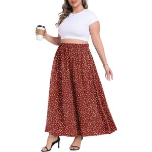 Lastshe Plus Size Maxi Skirts for Women Casual Elastic High Waist Inside Drawstring Flowy A-line Long Skirt with Pockets (3X, Orange Red Dot)