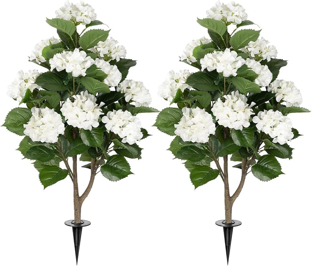 2 Pack 3FT Fake Hydrangea Trees for Outdoors with Ground Spikes, White Artificial Hydrangea Flowers Topiary Trees, Realistic Faux Outdoor Plants for Front Porch, Patio, Garden, Entryway Decor