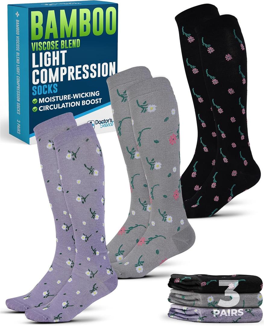 Doctor's Select Light Compression Socks for Women & Men - 3 Pairs, Knee High Comfort and Support, 8-15 mmHg Compression Socks Women, Flowers (L, Lilac, Black, Gray)