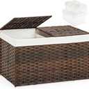 Storage Basket with Lid Rattan Woven Storage Baskets with 2 Separate Lids, 17.2 Gallon (65 L), 22 x 13 x 13.8 Inches,Foldable, 2 Removable Liner Bags Handles for Bedroom, Laundry Room Brown