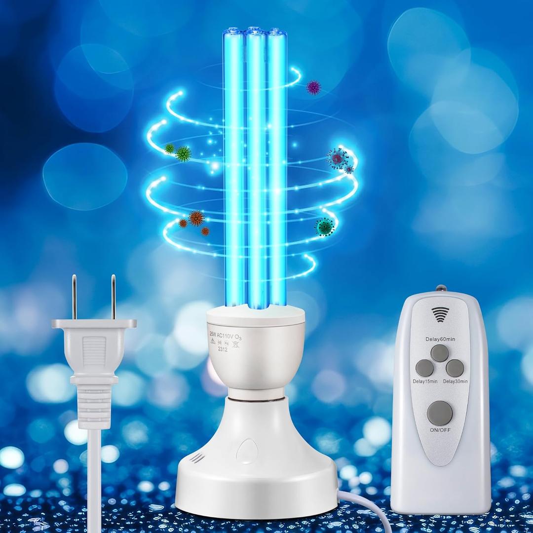 Qualirey 25 Watt UV Light, UVC Lamp with E27 Base and Remote Control, UV Light Bulb for Basement/Bedroom/Kitchen, with Ozone