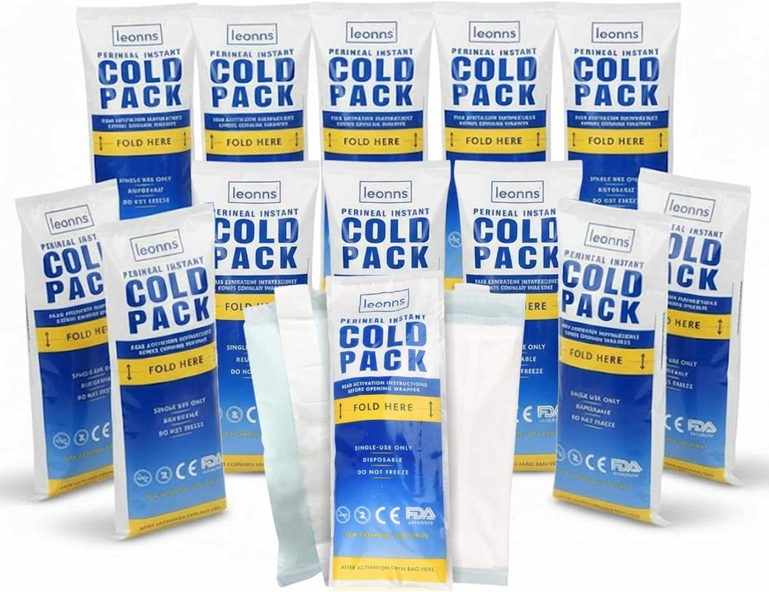 Leonns Instant Perineal Ice Packs for Postpartum w/Adhesive Strip | Perineal Cold Pack - 2 in 1 Postpartum Ice Pack Pads for After Birth - Instant Ice Maxi Pads | Easy to Activate (12 Pack)