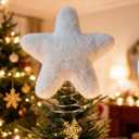 Soulchen 11 Inch White Christmas Star Tree Topper Faux Mink Fur Christmas Tree Topper Star White Rustic Treetop Ornaments for Xmas Decoration Home Indoor Outdoor Holiday Decoration