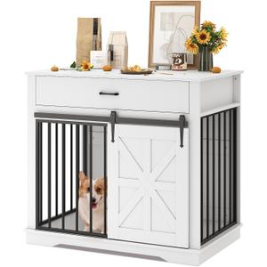 37.8 Inch Heavy Duty Dog Crate Furniture for Large and Medium Dogs, Wooden Cage Kennel Furniture Indoor with Sliding Barn Door and Storage Drawer, Decorative Pet House End Table (White)
