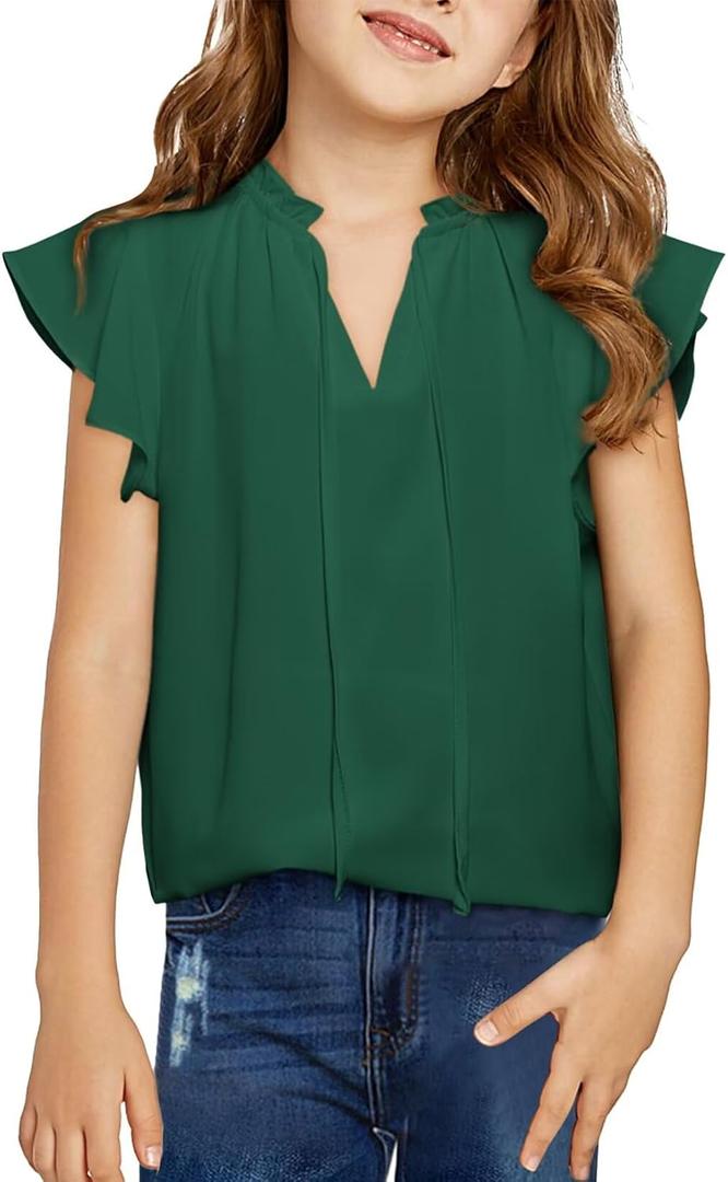 DOKOTOO KIDS Girls Tops Cute Summer Ruffle Short Sleeve T Shirts Casual V Neck Chiffon Blouses 6-15 Years (Green, M)