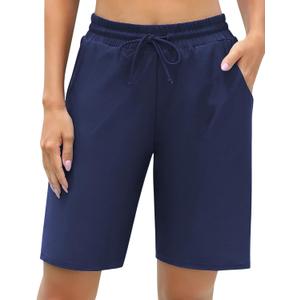 ALove Women's 9" Swim Shorts High Waisted Swim Board Shorts with Pockets UPF 50+ Swimsuit Bottoms Built-in Brief (Large, Navy)