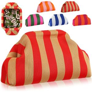 Mahjong Tile Bag Woven Clutch Purses for Women Woven Striped Dumpling Bag Summer Beach Evening Handbag for Mahjong Tile Vacation Supplies(Red Yellow,Thin Lines)