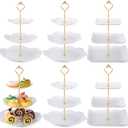 Sawysine 6 Pack 3 Tiered Serving Tray, Serving Tower 3 Tier Cupcake Stand Dessert Stand Bulk, White Thick Plastic Cupcake Tray Cookie Display for Tea Party Baby Shower Wedding Birthday Home(Gold)