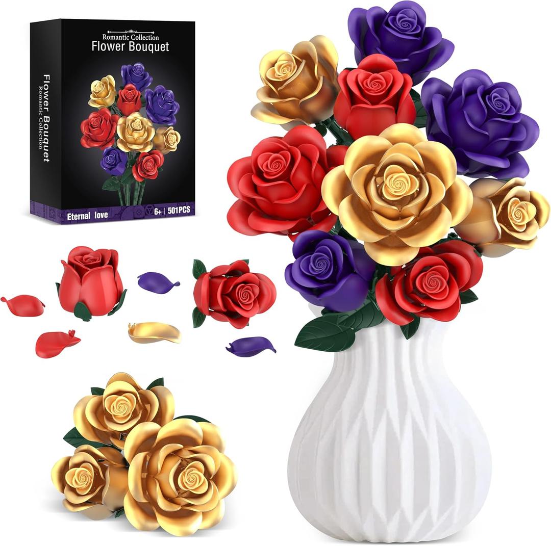 4 x Rose Bouquet Flowers Building Set, 501Pcs Red Purple Golden Roses Artificial Flowers Botanical Collection Compatible with Lego Flowers Home Office Table Decor Gifts for Her/Mom/Girlfriend/Wife/Couple