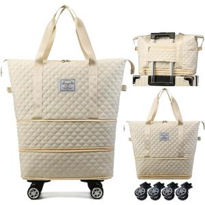 Expandable Foldable Wheeled Travel Duffle Bag - Detachable Rolling Wheels Carry On Gift (White)