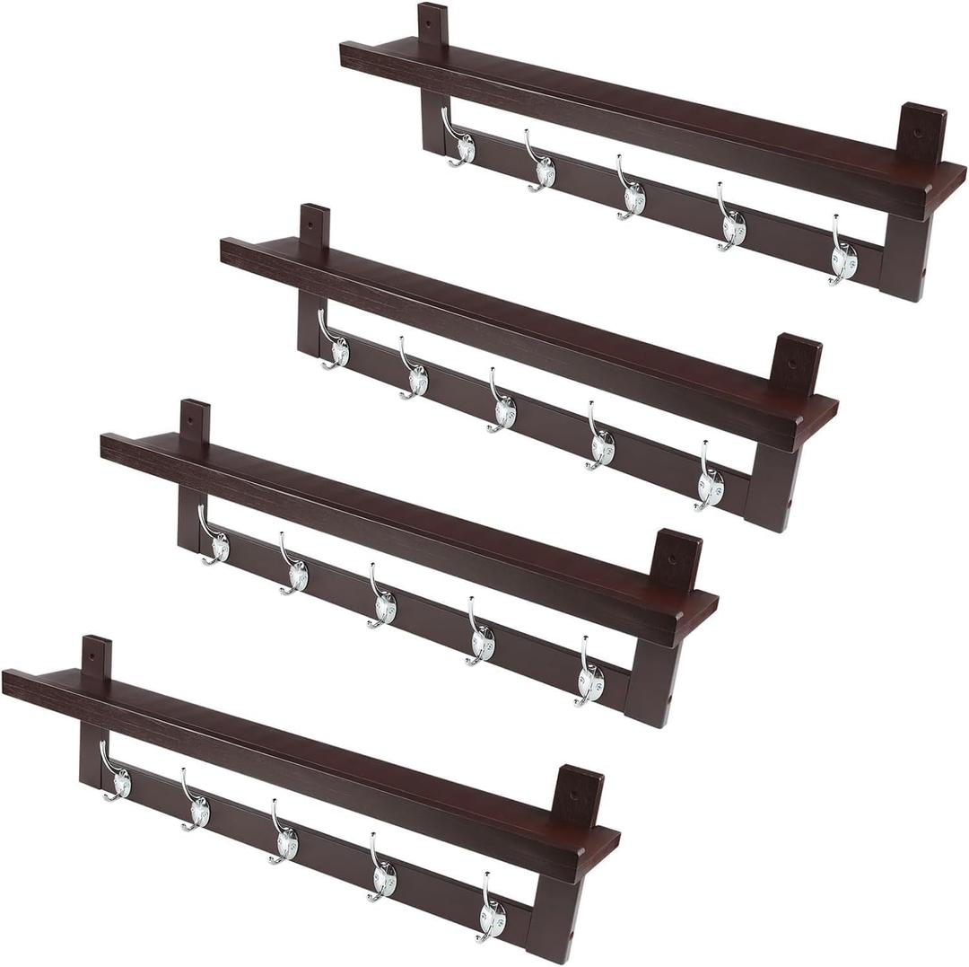yoyomax Coat Hooks-4 Packs Coat Rack Wall Mounted w/5 Hooks Metal Wall Coat Hook Rail for Hat Coat, Key, Purses, Robes, Bathroom, Espresso