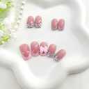 French Tip Press on Nails Short Square Fake Nails with 3D Bow Rhinestones Desings Glitter Sequins Glue on Nails Pink Full Cover Glossy Artificial Stick on Nails for Women 24 Pcs