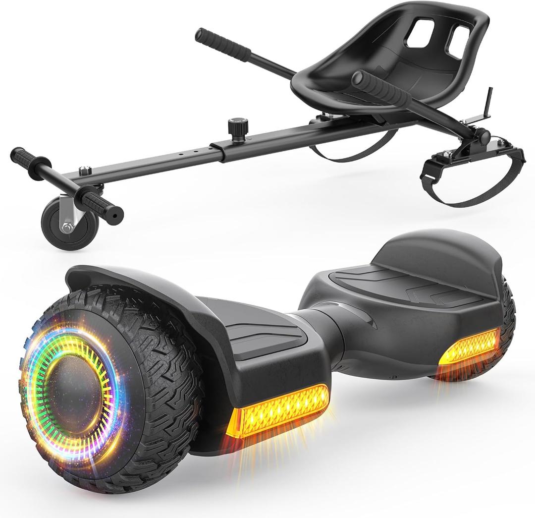 Gyroor Scooter with Adjustable Seat Attachment, 6.5" All-Terrain Self Balancing Scooter, LED Lights & Bluetooth for Kids and Adults, Black