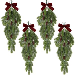 Thiccywoov 4 Pack Christmas Teardrop Swags with Velvet Bow 20 Inch Rustic Pine Greenery with Pine Cones Hanging Teardrop Swag for Front Door Mantle Wall Indoor Outdoor Home Decor (Burgundy)