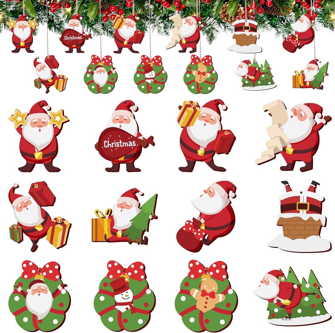 Alupssuc 24pcs Santa Clause Ornaments Bulk for Christmas Tree, Assorted Wooden Santa Decorations, Hanging Xmas Holiday Decor Home Indoors, 3 Inch Tall