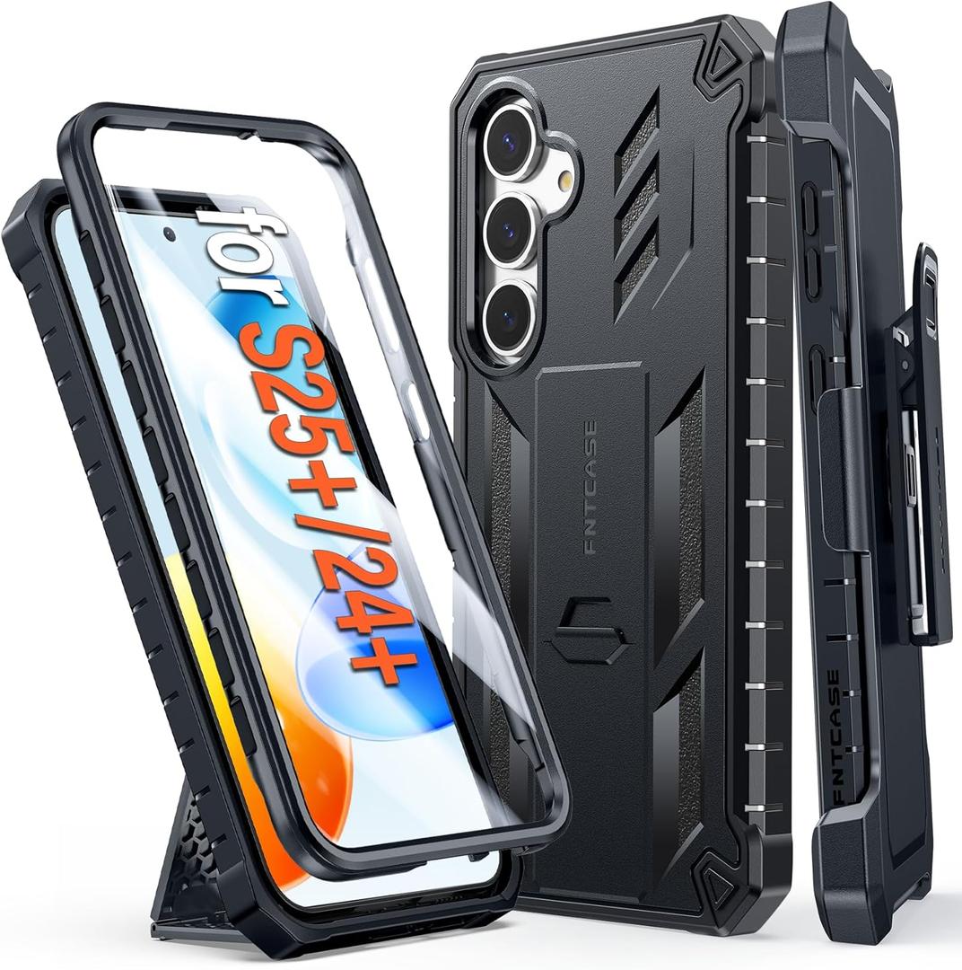 FNTCASE for Samsung Galaxy S25-Plus Case: Military Grade Rugged Cell Phone Cover with Kickstand & Belt Clip Holster | Shockproof TPU Protection Bumper Design for Samsung S24 Plus Cases (Black)