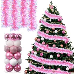 33 Ft Pink Christmas Tinsel Garland with Christmas Ball Ornaments Set 24 Pcs 2.3 Inch Xmas Ball Metallic Twist Garland for Xmas Wedding Birthday