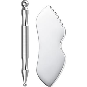 Acupuncture Pen and Stainless Steel Gua Sha Set, Manual Reflexology Metal Acupressure Pen Facial Eye Massager Lymphatic Drainage Tools for Face Neck Muscle (Silver1, Large-Transparent box)
