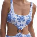 BERLOOK O-Ring Cut Out One-Piece Swimsuit Sexy Floral U Neck Bathing Suit (White, L)