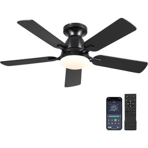 Ceiling Fans with Lights- 46" Low Profile Indoor Ceiling Fan with Light and Remote/APP Control, Flush Mount, LED Dimmable DC Reversible Modern Ceiling Fan for BedroomBlack