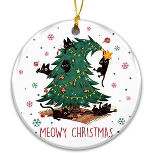 2 x Meowy Christmas Cat Ornament  Funny Ceramic Holiday Decoration with Black Cats in Christmas Tree  Cute Pet Lover Gift  Rustic Farmhouse Xmas Tree Dcor with Cats